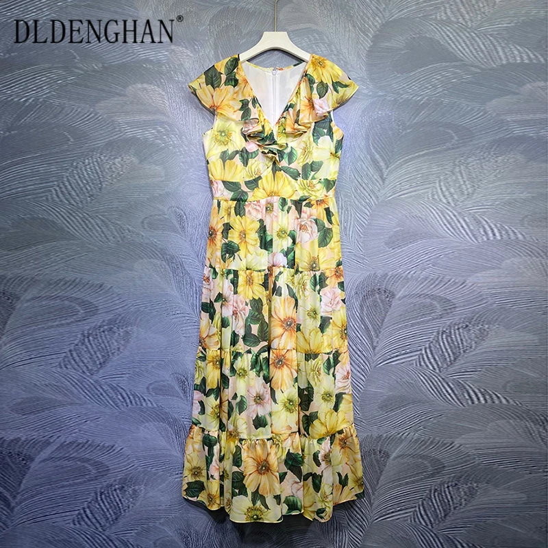 

DLDENGHAN Fashion Camellia Floral Print Summer Dress V-Neck Ruffles High Waist Vacation Dresses 2021 Designer New