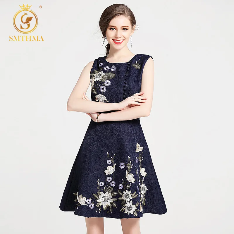 SMTHMA 2021 New Fashion Runway Dress Women Vintage Floral Embroidery Sleeveless Faldas Festa Casual Summer Dresses | Женская одежда