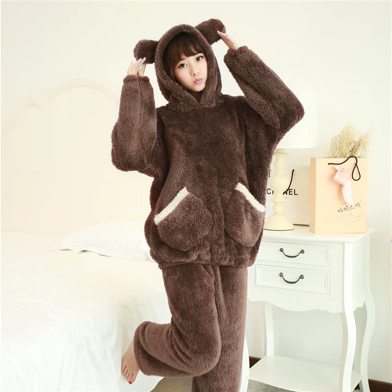 Autumn And Winter Long Sleeve Plush Black Bear Hooded Pajamas Winter Cashmere Women's Thickened Home Clothes Flannel Suit