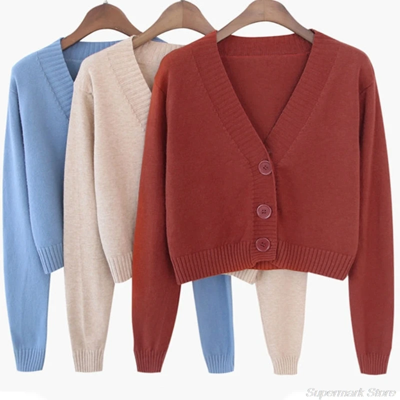 

Women Long Sleeve Sweater Cardigan Sexy V-Neck Button Down Cropped Jacket Sweet Solid Candy Color Loose Knitted Coat M10 21