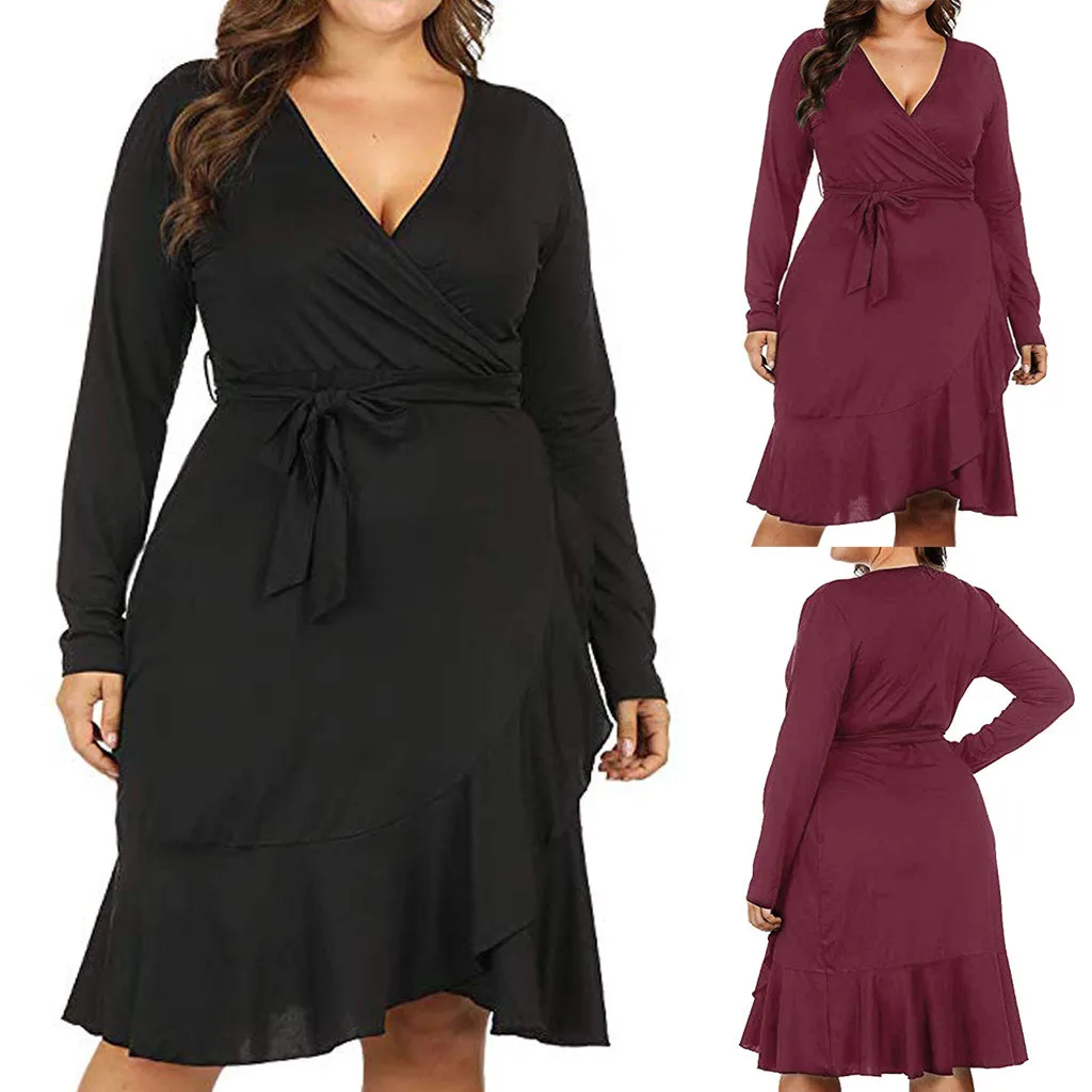 Женское Повседневное платье с оборками v-образным вырезом длинным рукавом