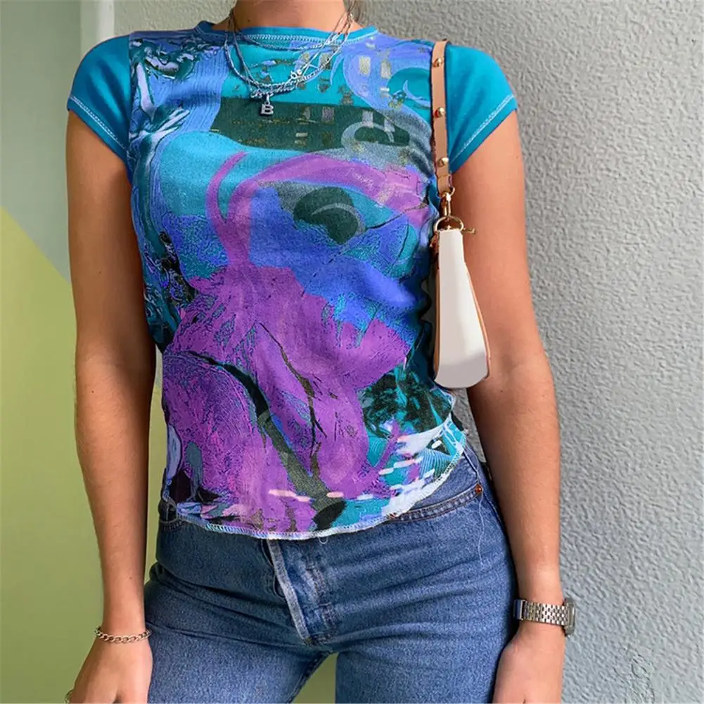 

geometry print T-shirt lady Casual Crop Top O-collar short sleeve tops street style woman summer abstract painting slim T-shirt