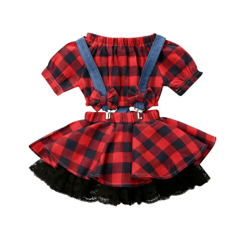 1-2Years Christmas Kids Baby Girl Plaids Vest Tops+Bib Lace Dress Princess Party Clothes | Детская одежда и обувь