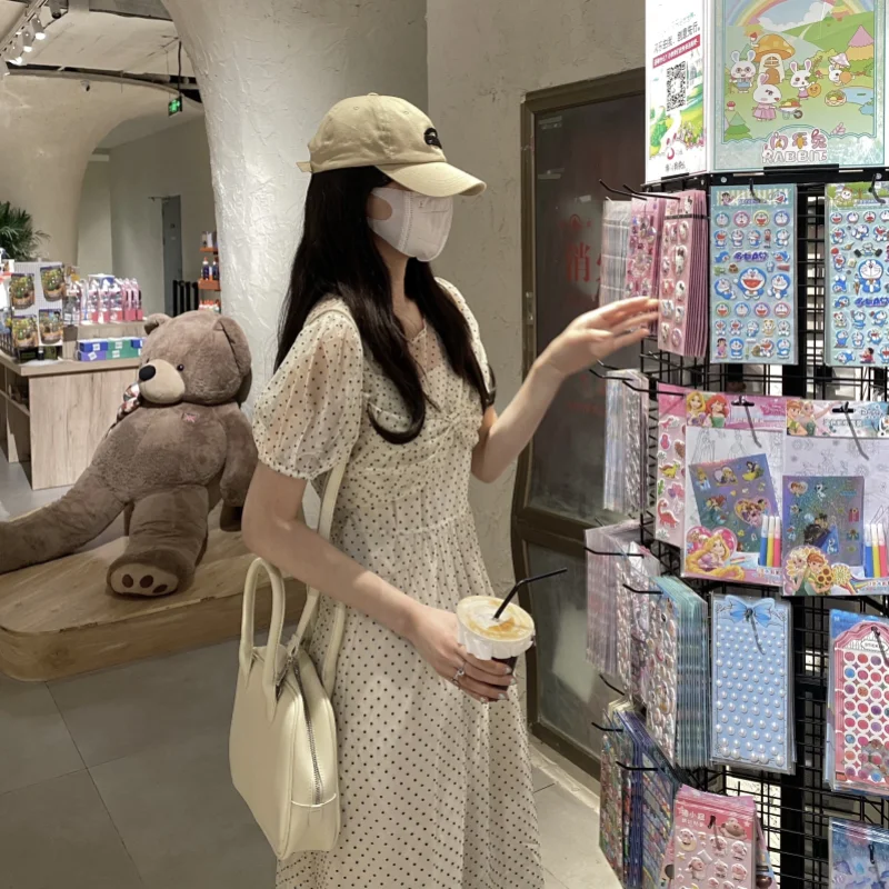 

Sweet Vintage Designer Casual Slim Midi Polka Dot Dress Summer Elegant Dress Temperament Puff Sleeve Holiday Women Dress 2021