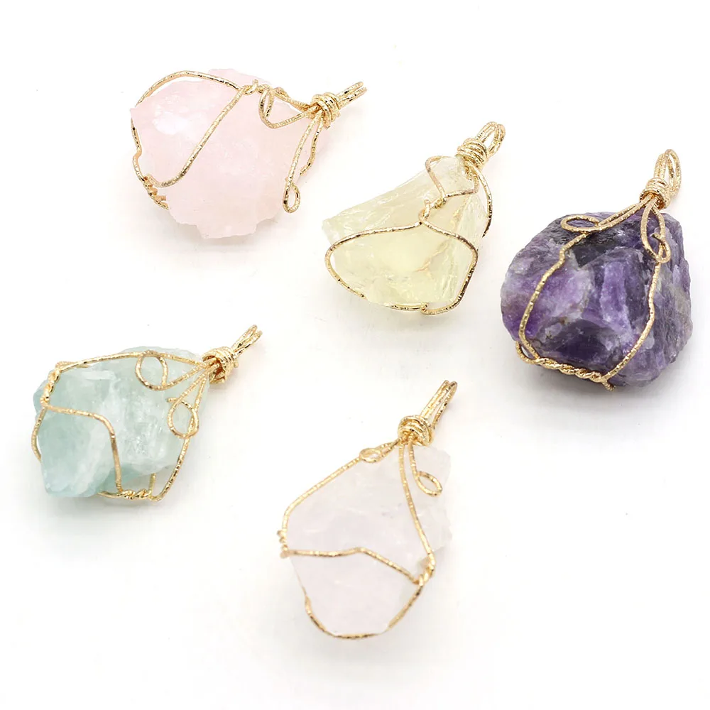 

Natural Stone Crystal Pendant Irregular Shaped Winding Gold Wire Charms For Jewelry Making DIY Bracelet Necklaces Accessories