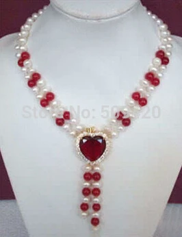 Бесплатная доставка&gt Очаровательная! 2 ряда белый жемчуг и красный рубин сердце