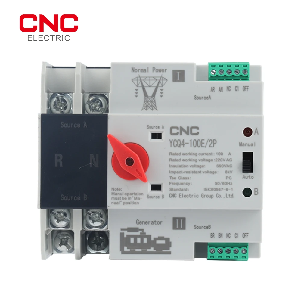 CNC YCQ4-100E/2P 2P 63A 100A Din Rail ATS Dual Power Automatic Transfer Switch Electrical Selector Switches Uninterrupted Power