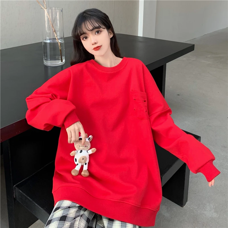

AA0076 2021 new design sense calf loose mid-length new year couple long-sleeved Sweatshirts