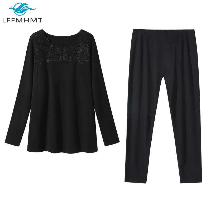 

Female Autumn Winter Fashion XL-6XL Plus Size Warm Bottoming Sets Female Loose Casual Black Sexy Lace Neck Home Womens Clothing