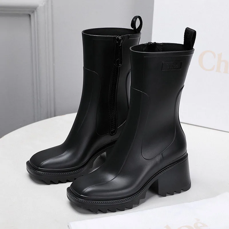 

2021 New Women's High-Heel Boots PVC Material Autumn And Winter Mid-Tube Rain Boots Thick Heel Design Water Proof Rain Shoes