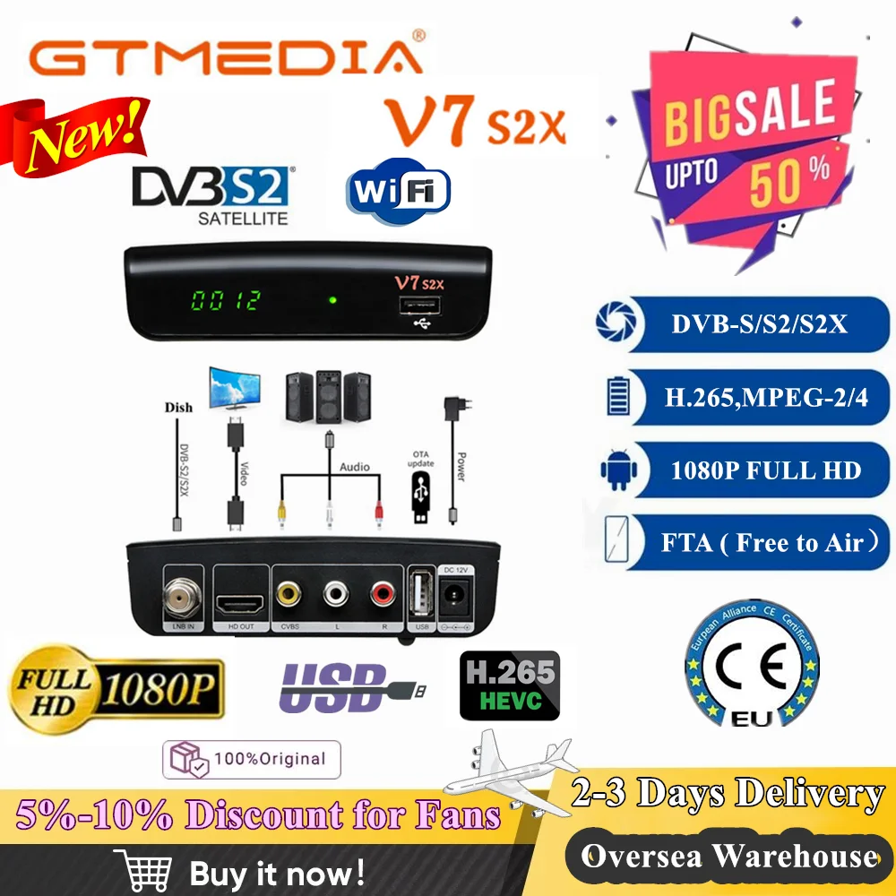 

1080P FHD GTmedia V7 S2X Satellite Decoder DVB-S2 USB Wifi Gtmedia V7S2X h.265 Gtmedia V7S HD Upgraded Version No app include