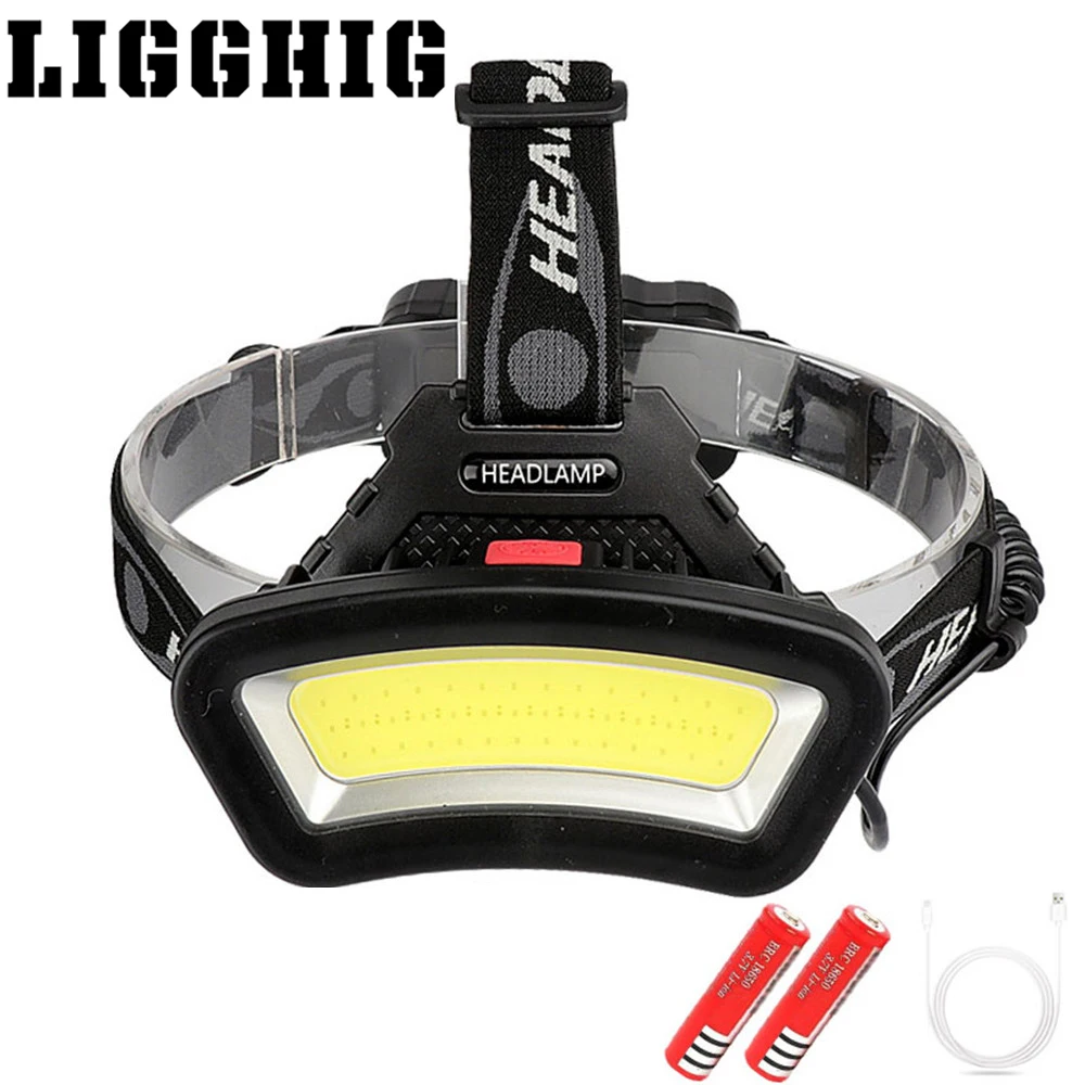 

Portable USB Rechargeable LED Headlamp Long Distance Headlights Wide Angle COB Head Flashlight Use 2 X 18650 For Outdoor Hiking