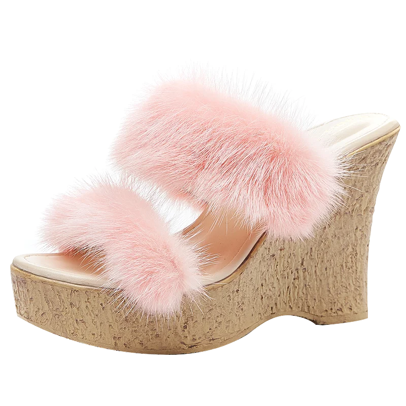 

Womens Real Mink Fur Furry Platform Wedge High Heel Fluffy Mules Slipper Plush Slides Shoes 2022New