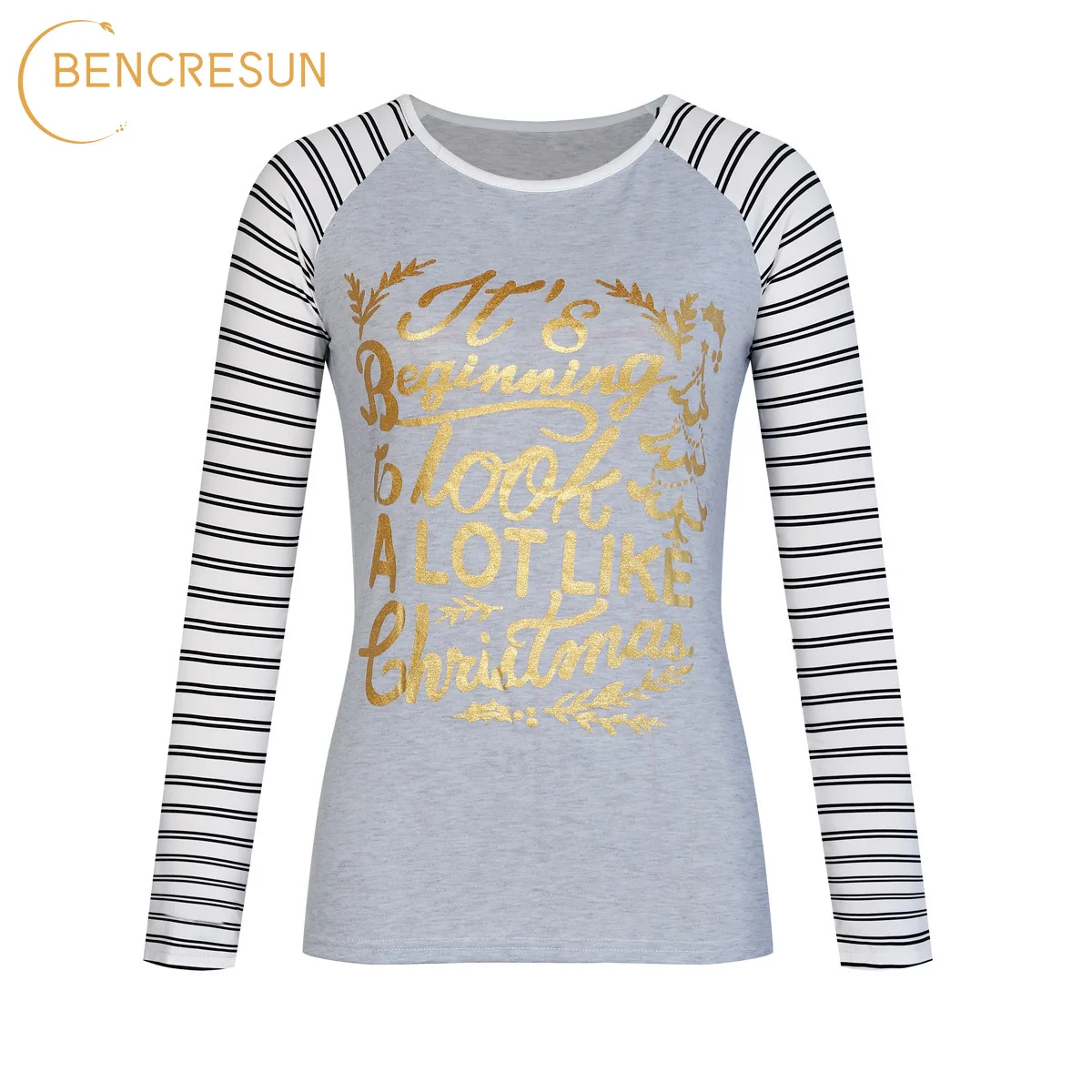 

Women's T-shirt Spring and Autumn Grey Slim Striped Stitching Christmas Print Long Sleeve T-shirt Round Neck Casual Female Top