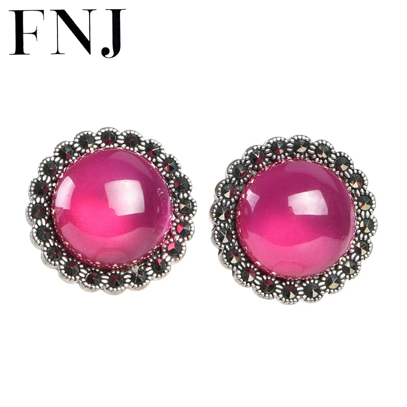 

FNJ Round Rose Corundum Stud Earrings 925 Silver Original Pure S925 Sterling Earring Women Jewelry Vintage AG925