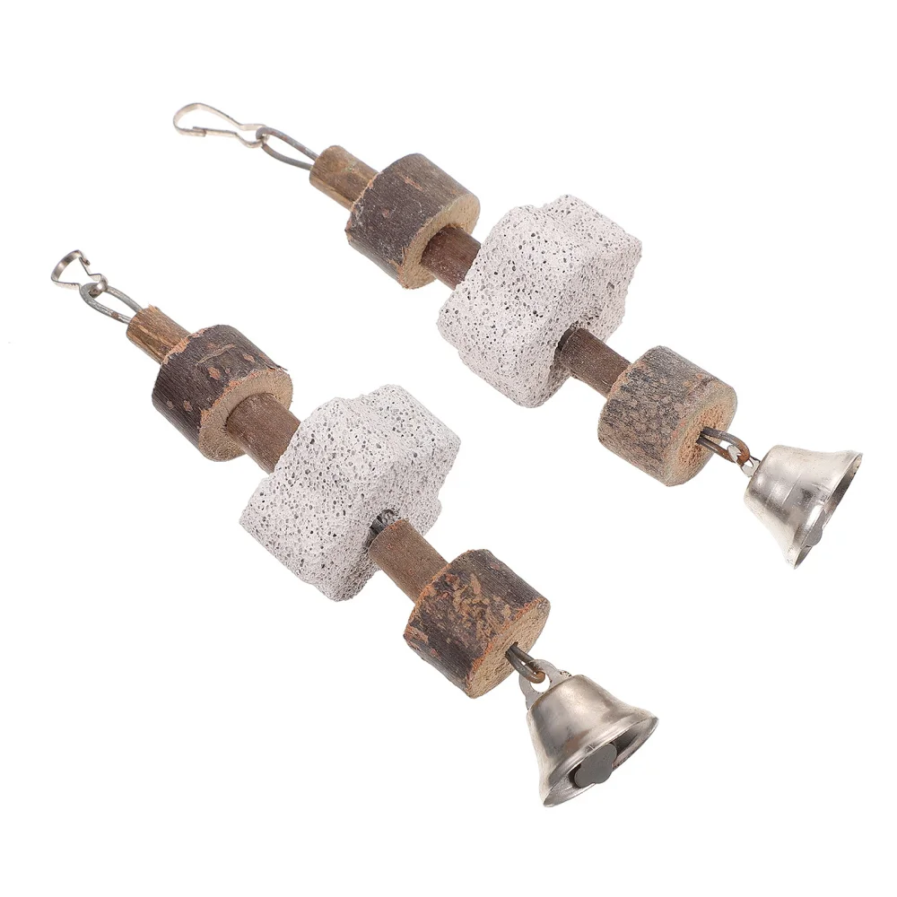 

2Pcs Small Pet Hamster Chew Toys Wood and Stone Pendant Plaything Cage Accessory