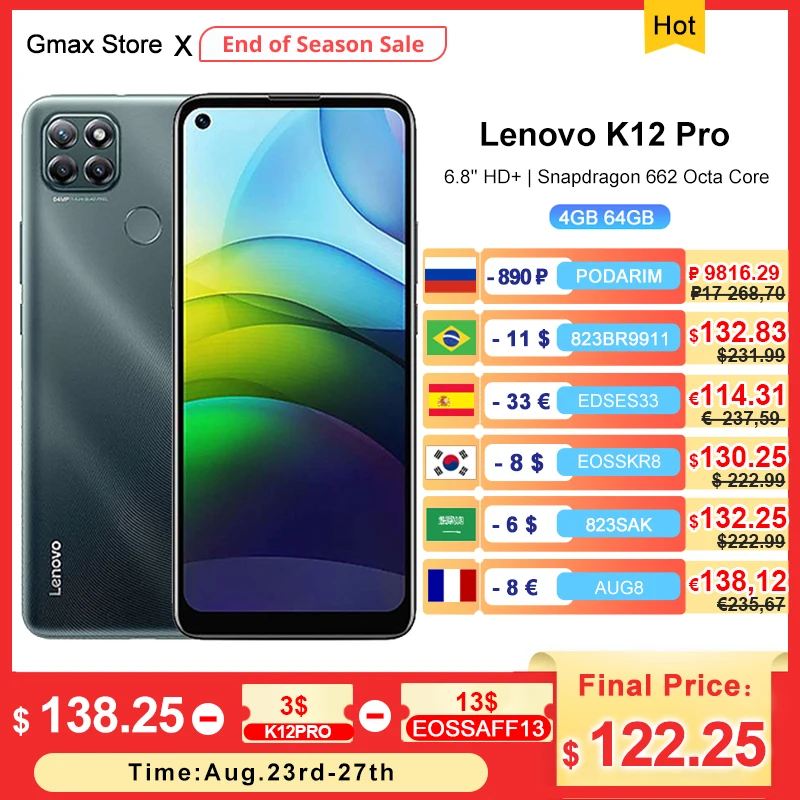 Смартфон Lenovo K12 Pro на Android 10 экран 6 8 дюйма Восьмиядерный процессор Snapdragon 662 6000 мАч