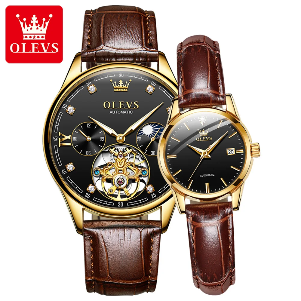 Genuine OLEVS Tourbillon Multifunctional Couple Automatic Men's Hollow Mechanical Watch Waterproof Ladies Clock Couple Watch