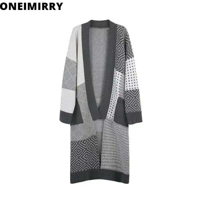 

Длинный кардиган в клетку с цветными блоками, женские вязаные пальто, модная уличная одежда, свитер для ленивых, кардиганы, Женская свободна...