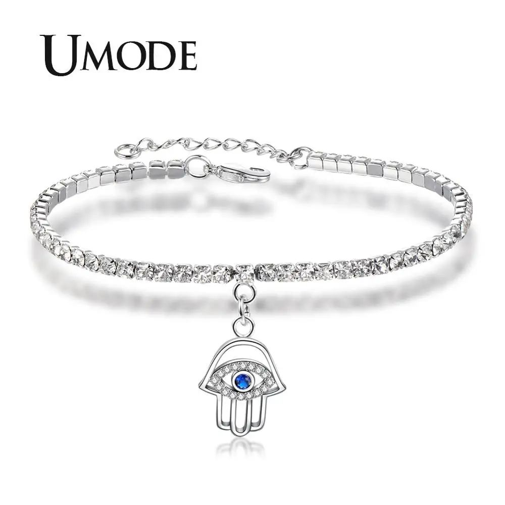 Женский браслет на руку UMODE из белого золота с голубым и прозрачным кубическим