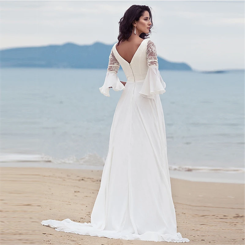 2020 Pure Color White Long Sleeve Dresses Woman Party Night Backless V Neck Maxi Runway Dress Summer Lace A-Line Zipper Vestido | Женская
