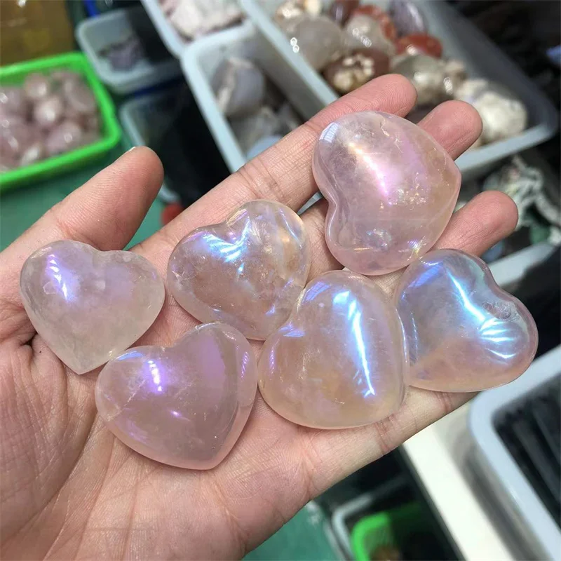 

Aura Rainbow Rose Quartz Crystal Heart Natural Stones Polished Gemstones Healing Reiki Home Decoration