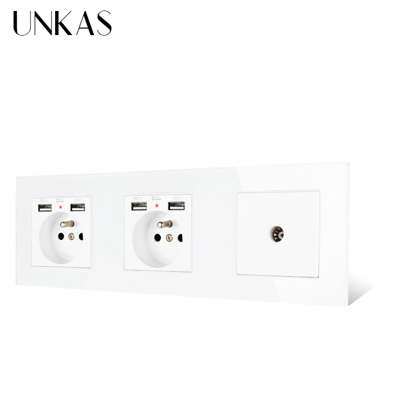 Двойная французская стандартная розетка со стеклянной панелью UNKAS с 4 USB портами