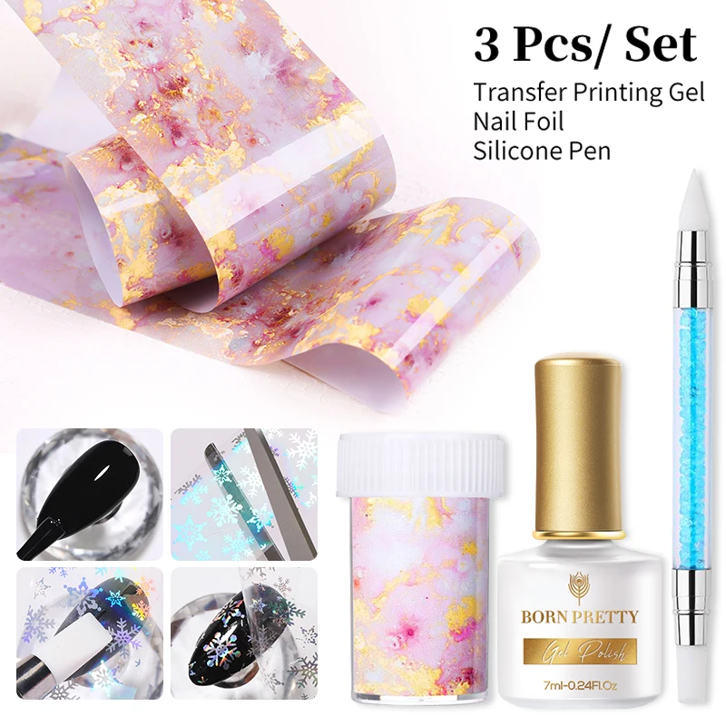 

BORN PRETTY Nail Transfer Foil Set 3PCS 3 In 1 Adhensive Stickers Easy To Transfer Nail Art Decoration Tool DIY Design Manicure