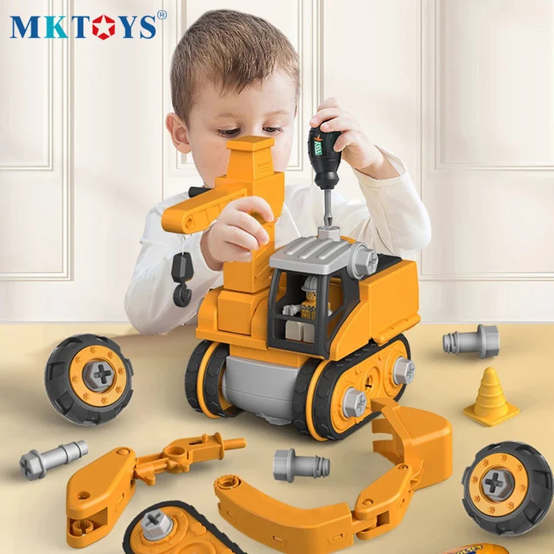

4 In1 Deformed DIY Electric Nut Excavator Crane Truck Engineering Vehicle Education Model Screw Car Toys Gift for Children
