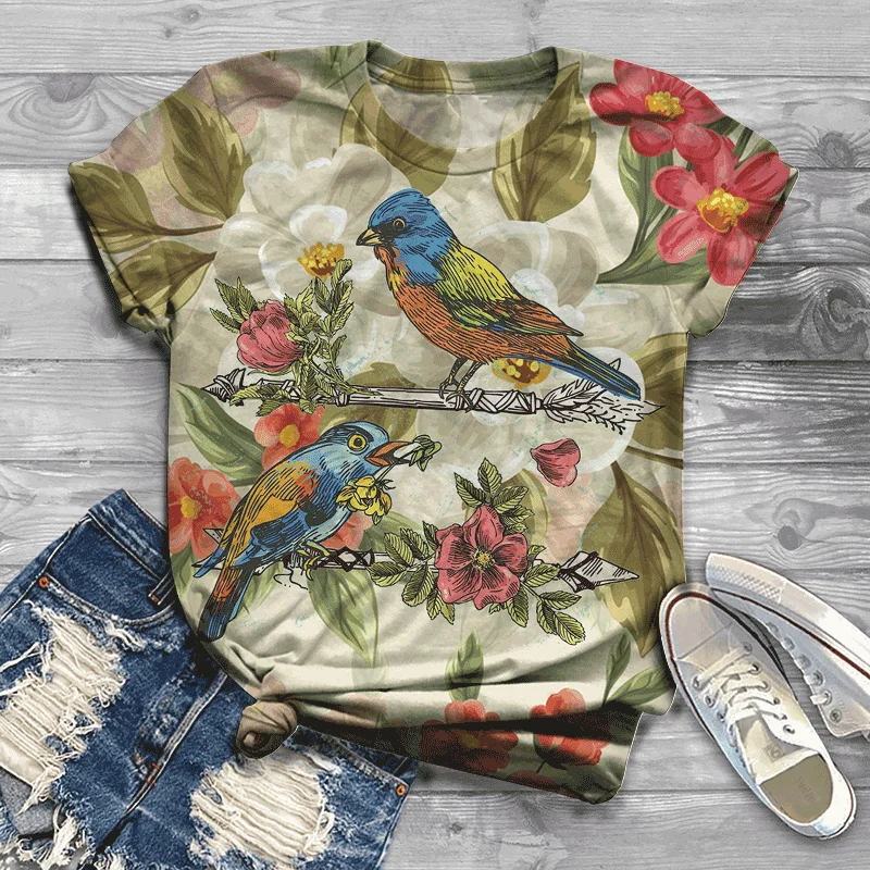 

Harajuku O-neck blouse plus size ladies T-shirt summer short-sleeved beautiful bird original women's T-shirt multiple styles