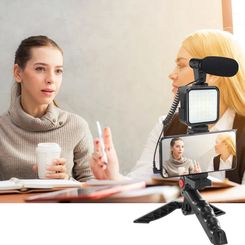 

Condenser Microphone With Tripod LED Fill Light For Professional Photo Video Camera Phone For Interview Live Recording YouTube