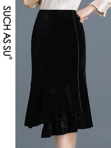 Новый 2020 средней длины юбки для женщин черного цвета, из качественной ткани, с завышенной талией, асимметрия юбка S-3XL размера плюс, Осень-зима, ассиметричной юбкой