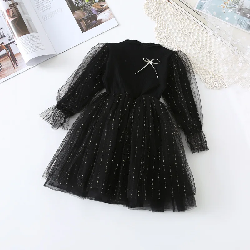 

Spring New Arrival Korean style cotton fashion all-match Knitted Long Sleeve Princess party dress for sweet cute baby girls