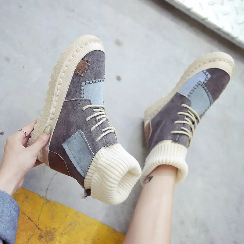 

Plush warm beggar shoes women's Korean fashion big cotton warm flat bottom patch boots women's short boots