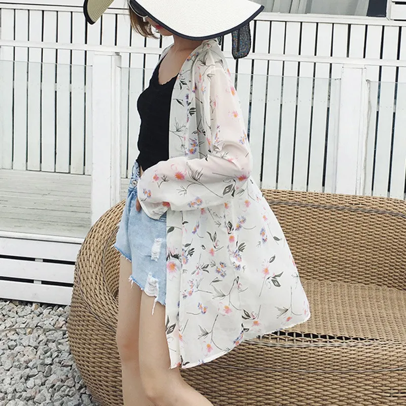 Женский шифоновый кардиган с цветочным принтом Повседневная Длинная одежда для