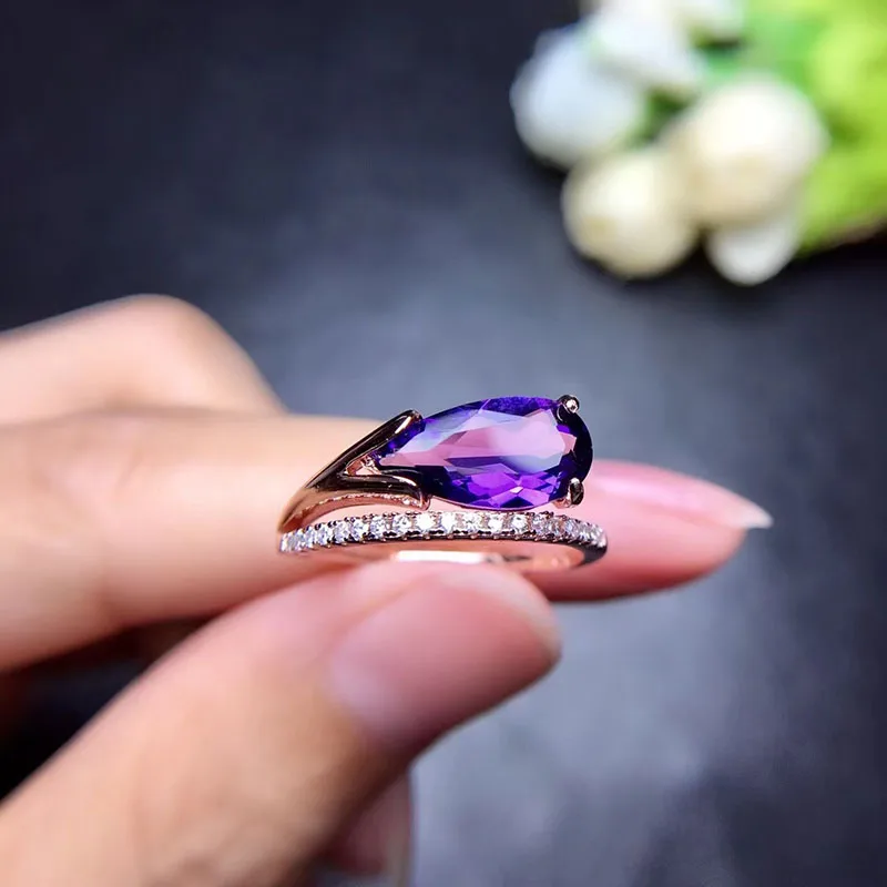 Water Drop Amethyst Ring for Women Engagement 6x12mm Fine Jewelry High Quality Low Price with Certificate S925 Sterling Silver | Украшения
