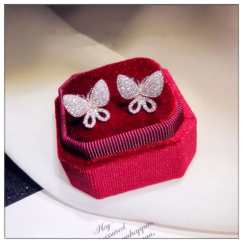 S925 Sterling Silver Needles Fine Jewelry Stud Earrings For Women Butterfly Cubic Zirconia Elegant Temperament Fine Jewelry