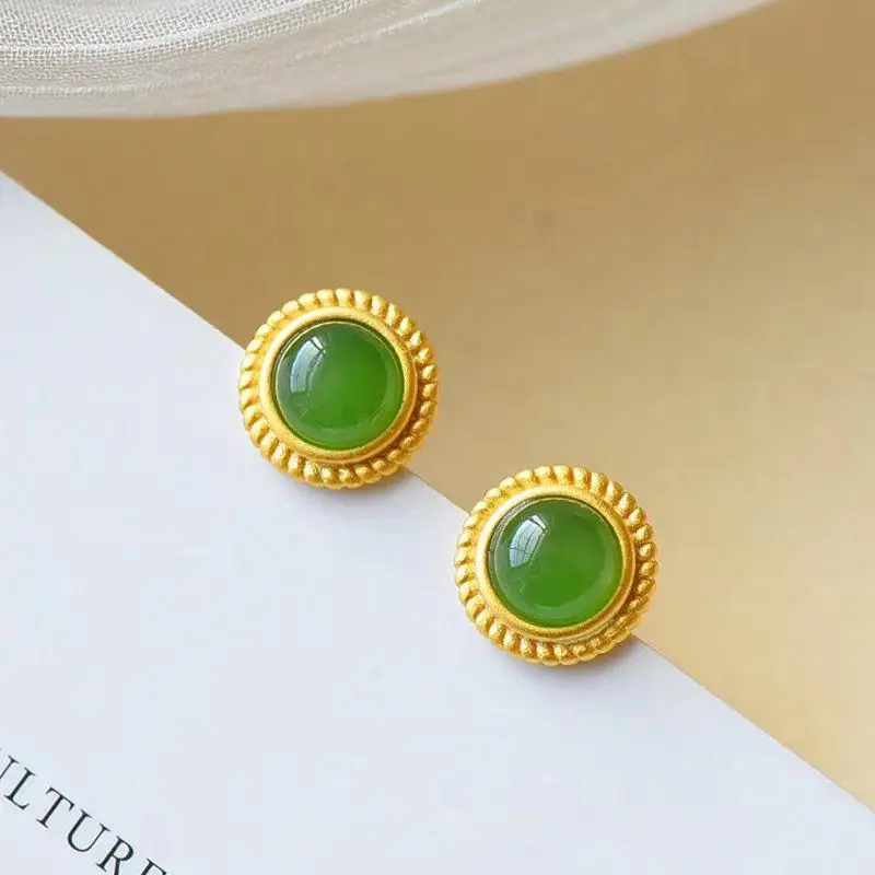 

Natural Hetian Jade Stud Earrings S925 Sterling Silver Inlaid Gemstone Gilding Craft Lasting Color Retention Simple Fashion