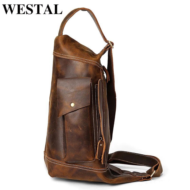 WESTAL Crazy horse leather sling bag men's genuine leather shoulder bags for men chest bags big vintage crossbody chest pack 224