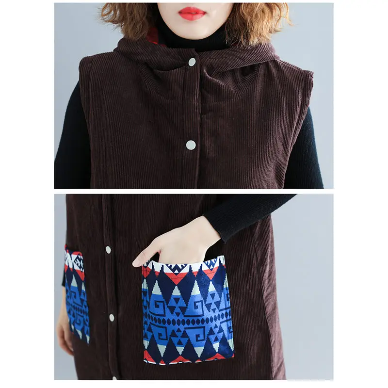 Женская винтажная Вельветовая куртка без рукавов Свободный Длинный Облегающий