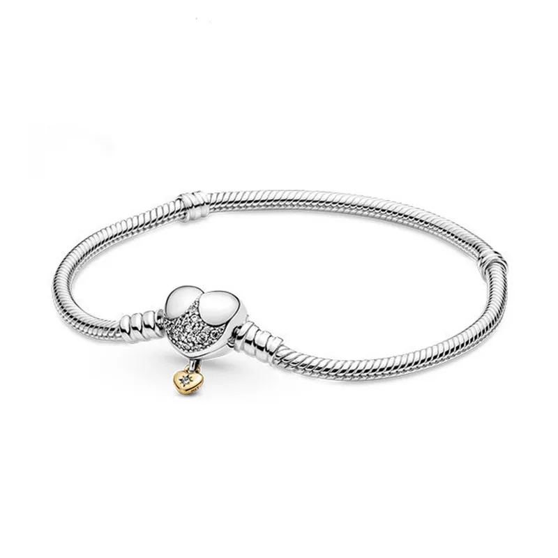 

100% S925 Silver New Heart Button Snake Bone Chain PAN Bracelet Suitable For Women's Festival Wedding Original Gift Diy Jewelry
