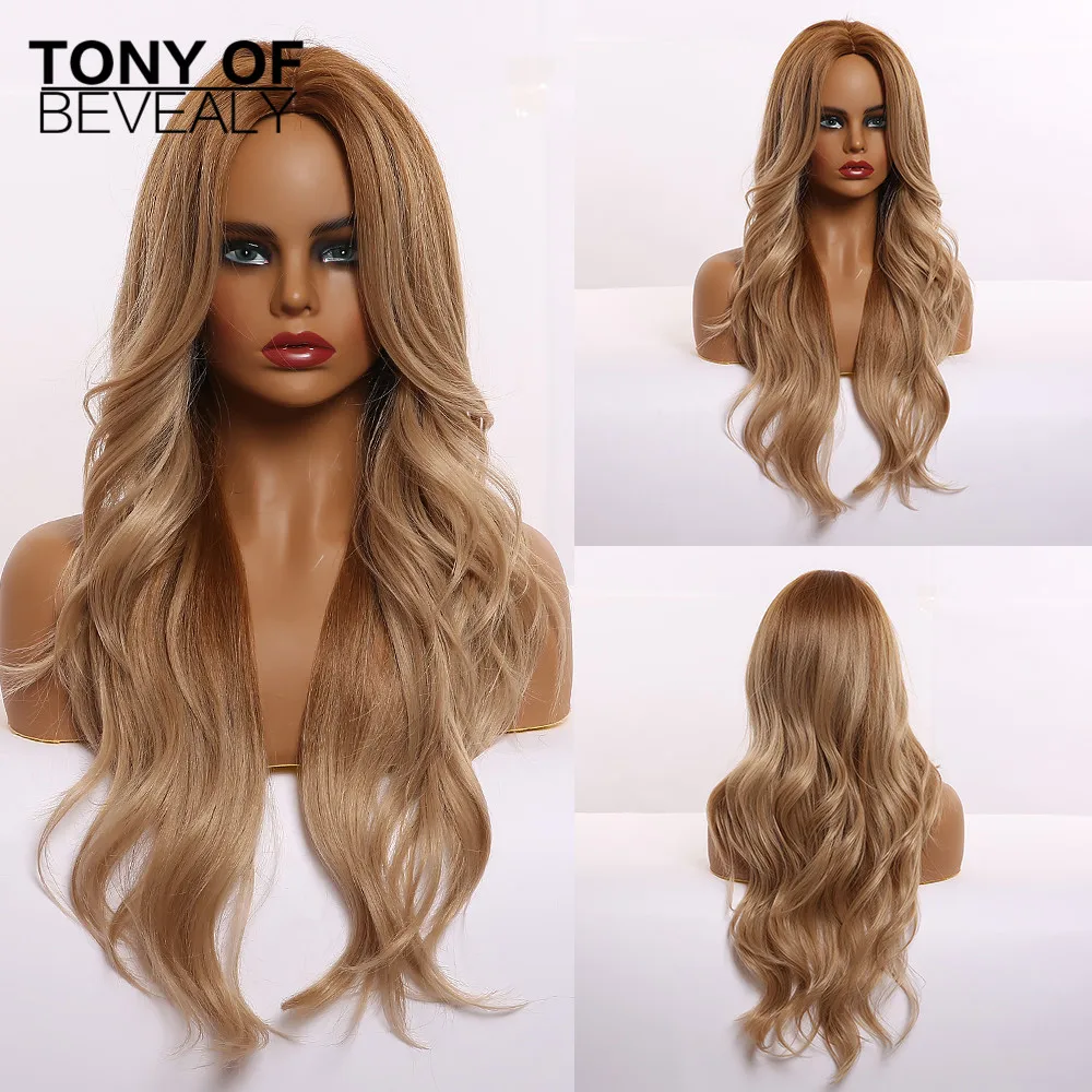 

Long Ombre Brown Blonde Synthetic Wigs for Afro Women Middle Part Natural Wavy Layered Wigs Heat Resistant Cosplay Fashion Wigs