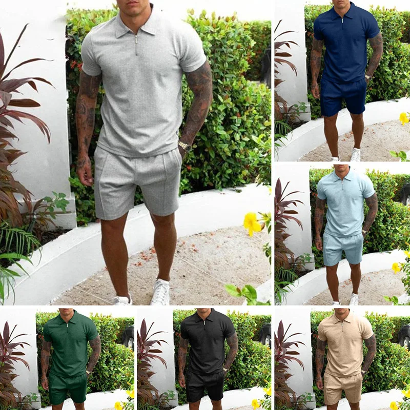 

Мужской спортивный костюм, хлопковая рубашка-поло на молнии, шорты с коротким рукавом, однотонный костюм с лацканами, облегающий спортивный...