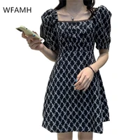 2021 summer new fashion slim lace one line neck bubble short sleeve high waist embroidered a line dress women polyester zipper