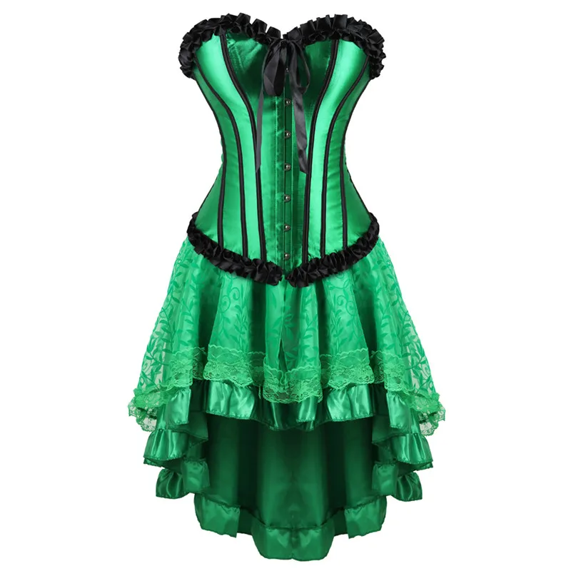 

Corset Dress Skirt Set Tutu Lace Sexy Overbust Corsets for Women Lingerie Gothique Costume Burlesque Corselet Victorian Green