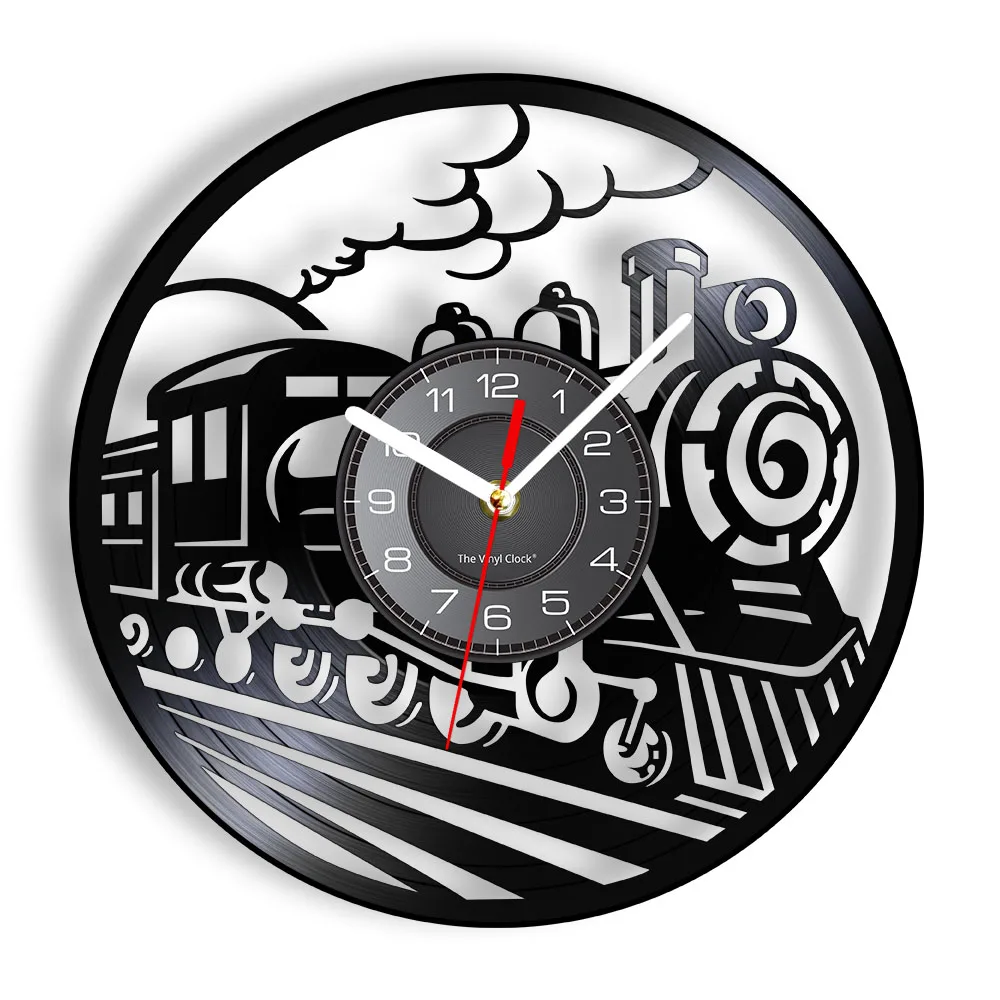 Steam Train Wall Clock Made Of Real Vinyl Record Old Steam Engines Retro LP Wall Watch Steampunk Industrial Style Modern Artwork
