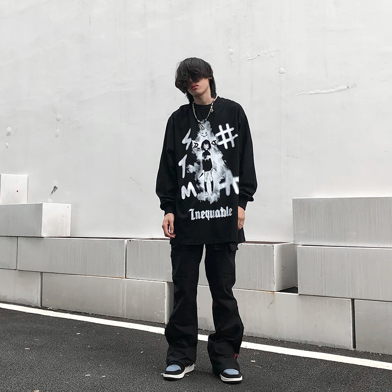 

UNCLEDONJM Graffiti Cartoon Long-Sleeve T-shirt High Street Men's harajuku Japan Style anime clothes cartoon tshirts MC-6035