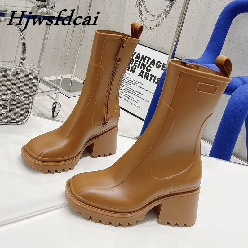 

Hjwsfdcai Brand Design Women Ankle PVC Rainboots Chunky Heel Height Increasing Black Short Boots Thick Sole Women Martin Boots