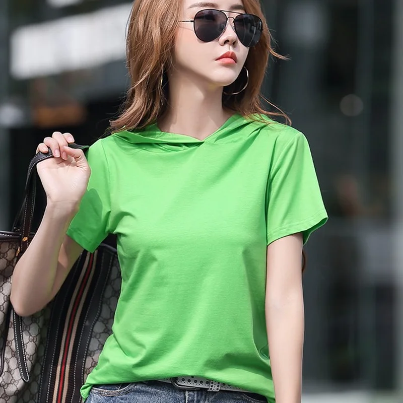 

2021 Summer New Harajuku Korean Slim Hooded Ladies Short Sleeve T-shirt Half Sleeve Top Y2k Tops Green Tops for Women