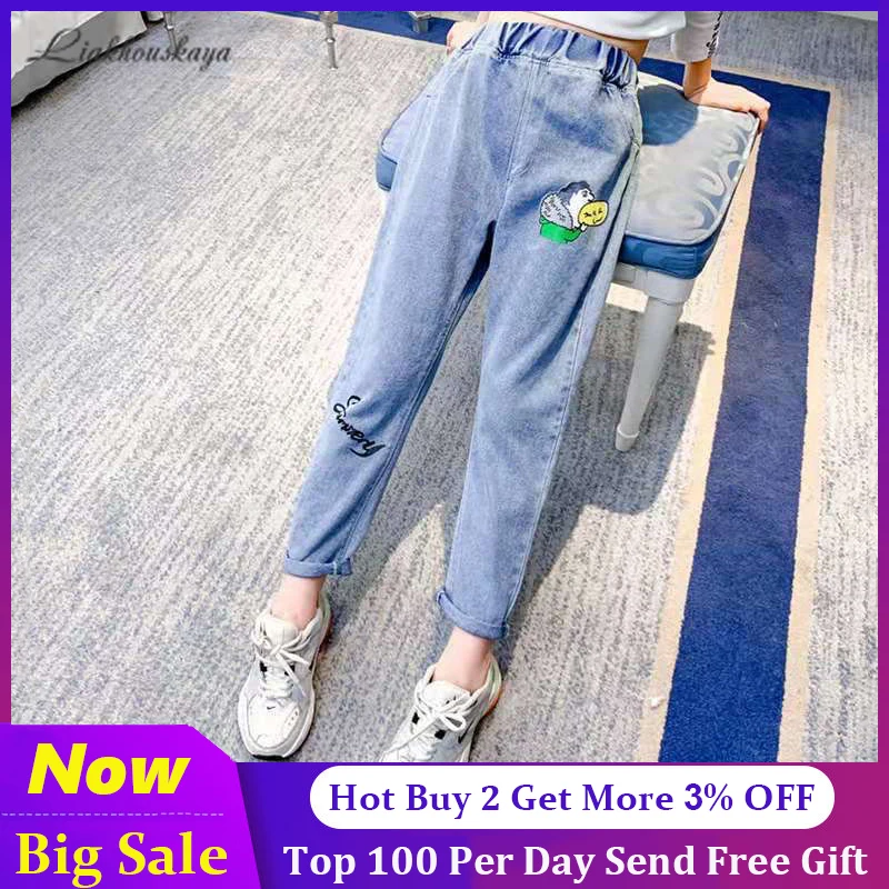

110-160cm Hot Sale Spring Autumn Casual Style Children Cute Print Design Kids Jeans Trousers For Girls Jeans Pants Clothing